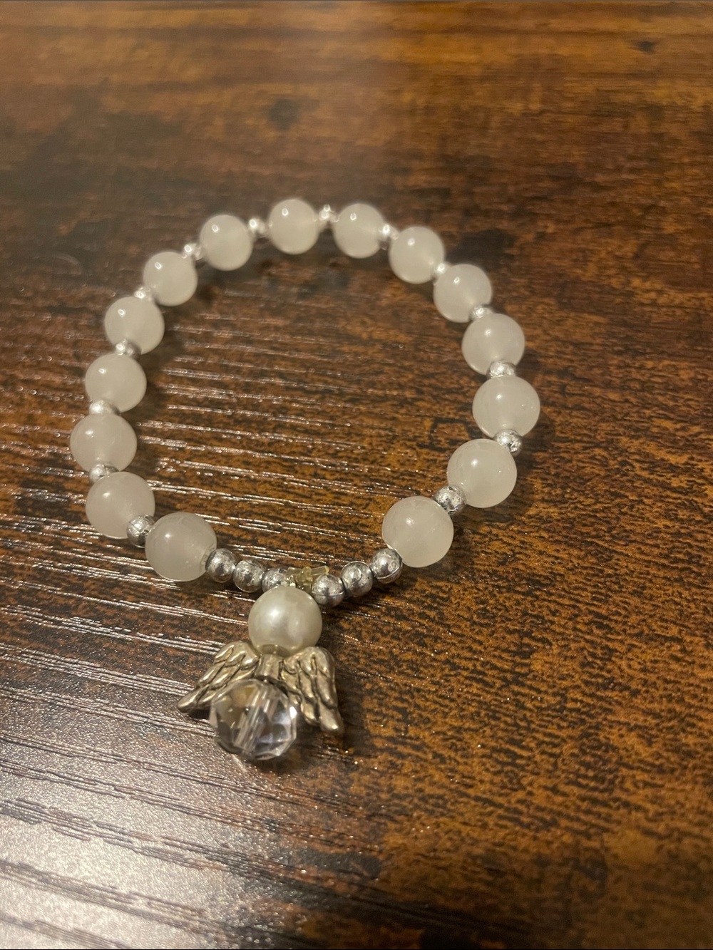White Beaded Angel Charm Stretch Bracelet - Women Jewelry